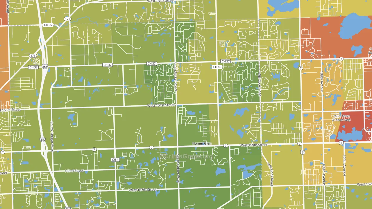 Homer Glen, IL Map of Vehicle Theft Rates