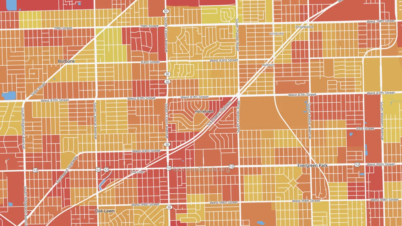 Hometown, IL Map of Vehicle Theft Rates