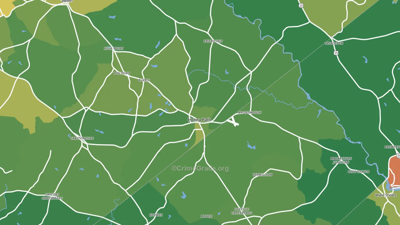 Honea Path, SC Map of Vehicle Theft Rates
