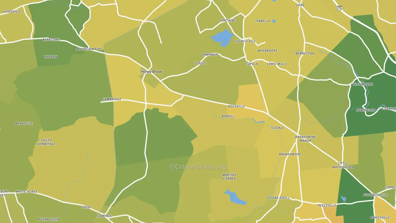 Honey Brook, PA Map of Vehicle Theft Rates