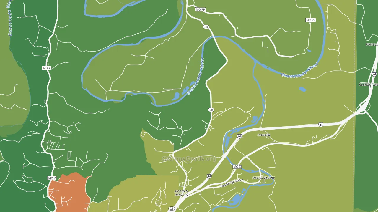Hooker, MO Map of Vehicle Theft Rates