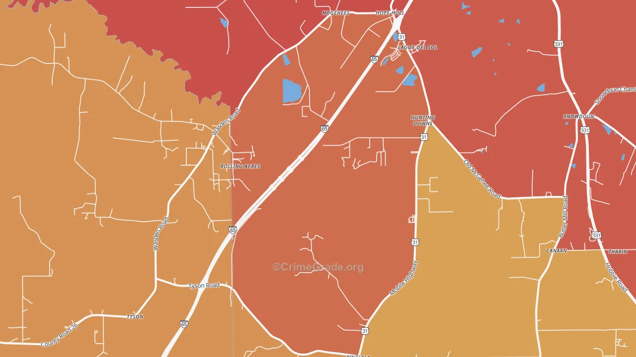Hope Hull, AL Map of Vehicle Theft Rates