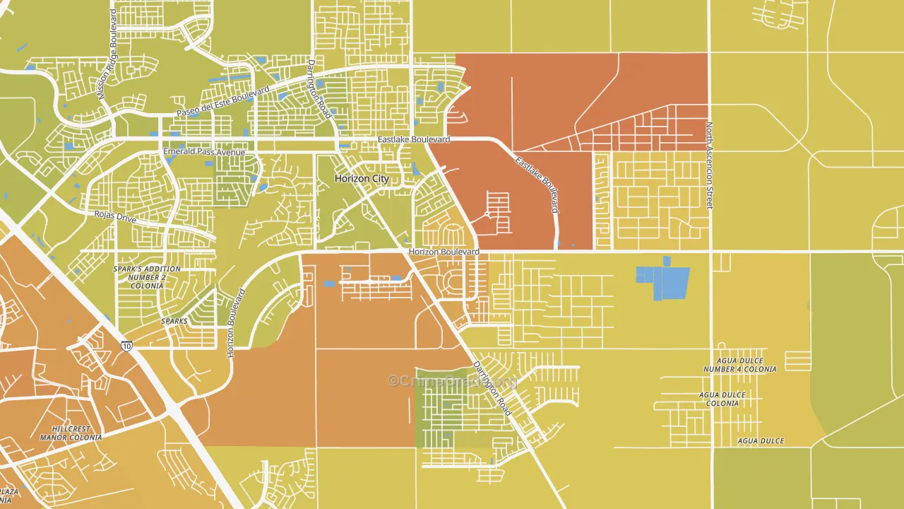 Horizon City, TX Map of Vehicle Theft Rates