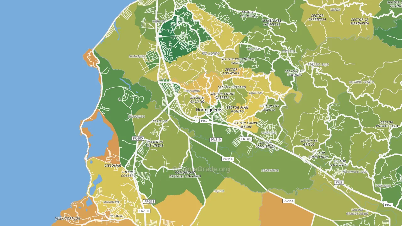 Hormigueros, PR Map of Vehicle Theft Rates