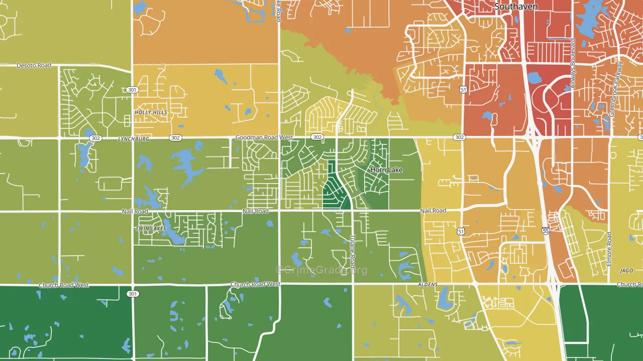 Horn Lake, MS Map of Vehicle Theft Rates