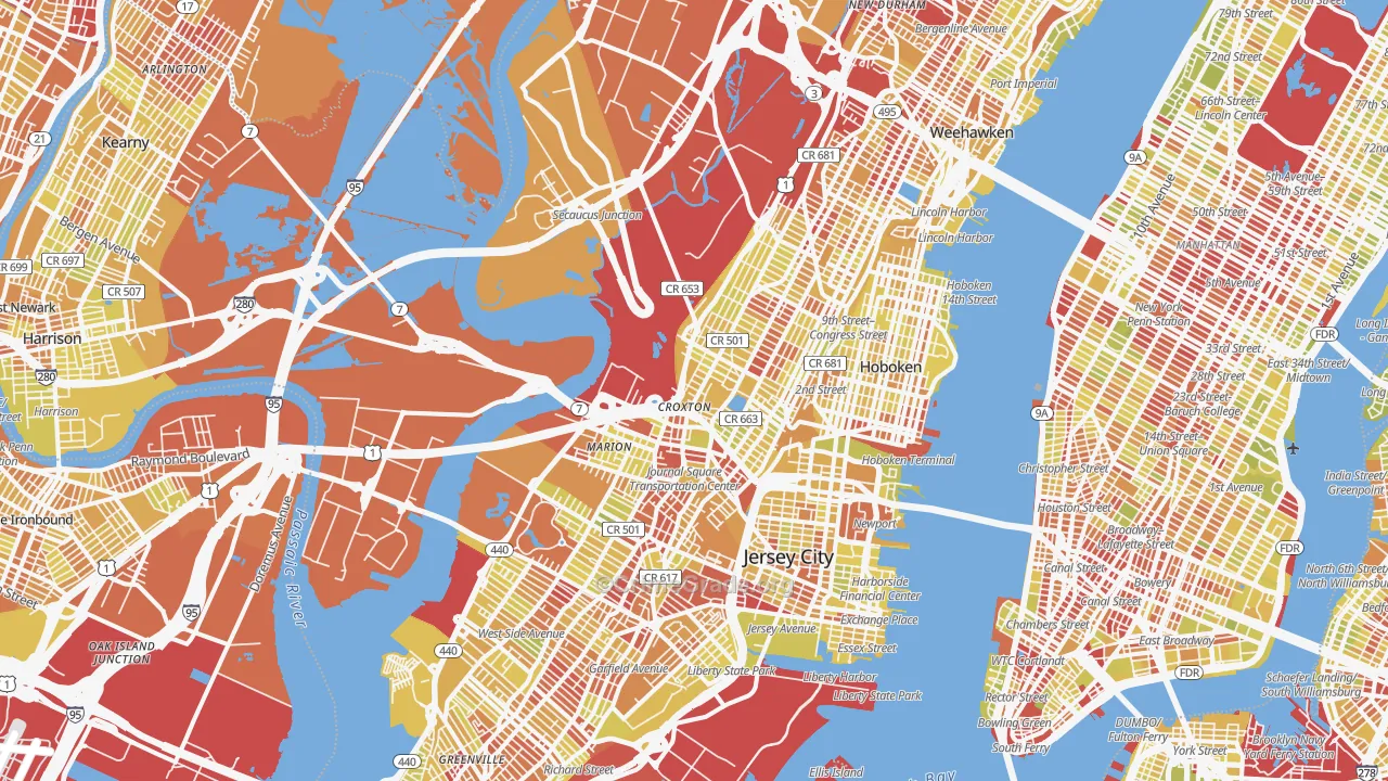 Hudson County, NJ Map of Vehicle Theft Rates