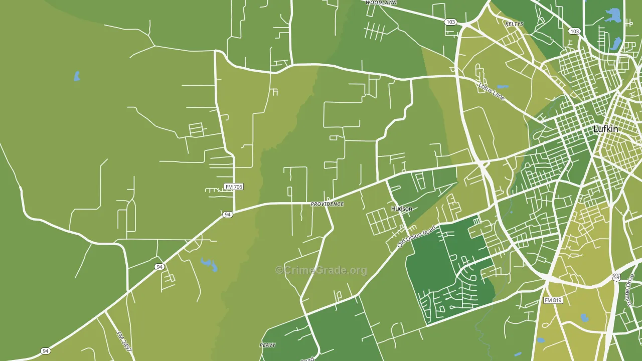 Hudson, TX Map of Vehicle Theft Rates
