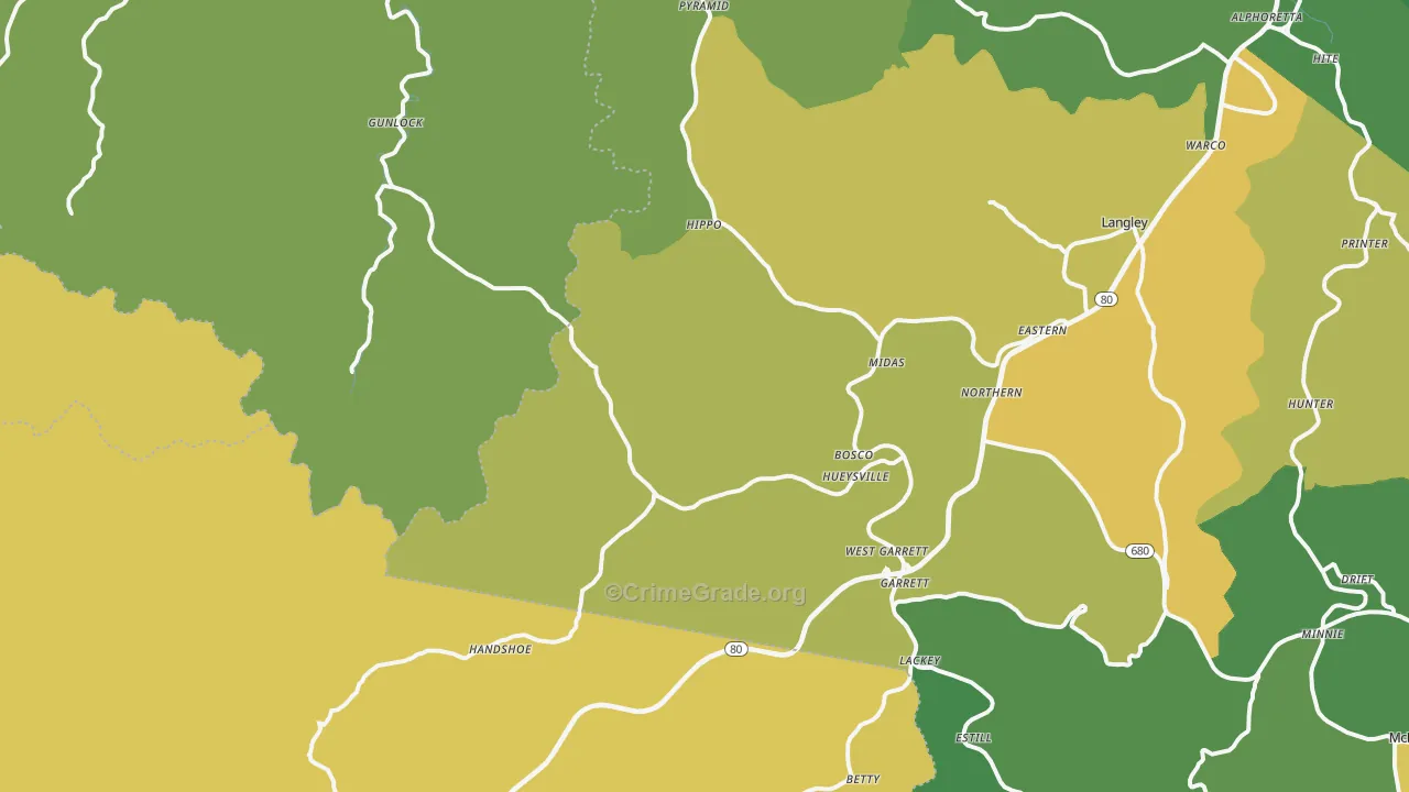 Hueysville, KY Map of Vehicle Theft Rates