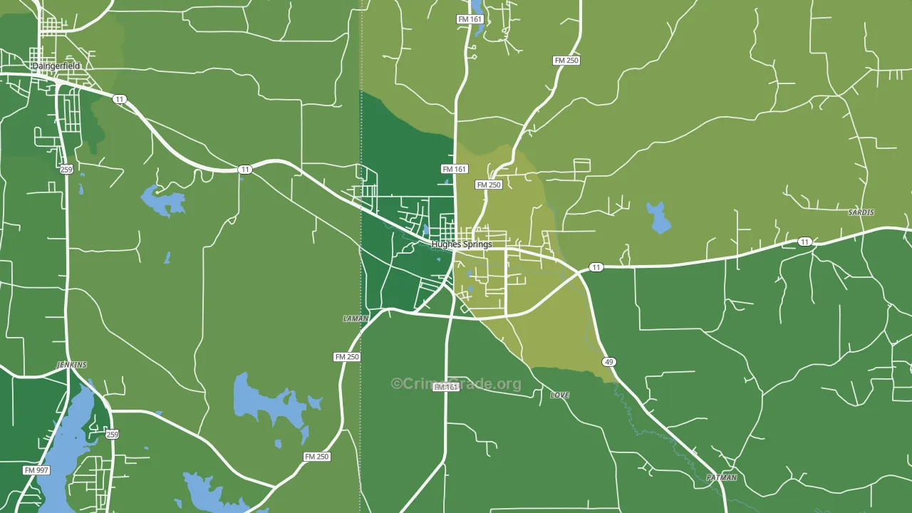 Hughes Springs, TX Map of Vehicle Theft Rates