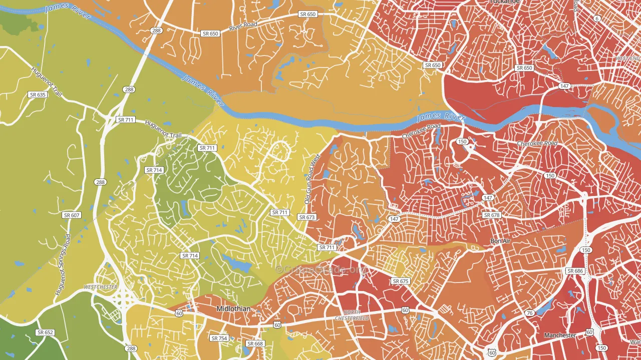Huguenot, Richmond, VA Map of Vehicle Theft Rates
