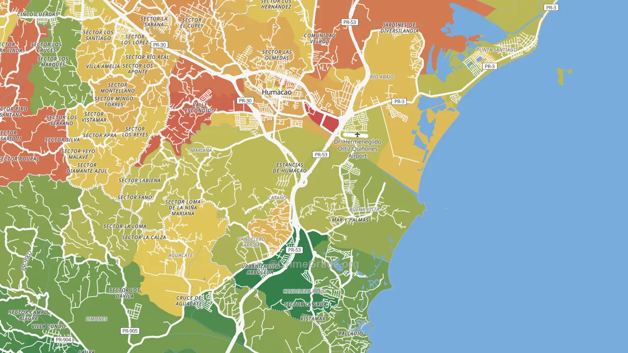 Humacao, PR Map of Vehicle Theft Rates