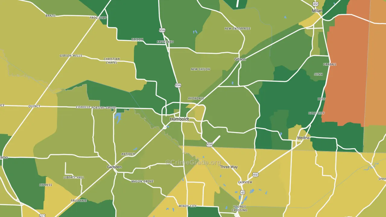 Humboldt, TN Map of Vehicle Theft Rates