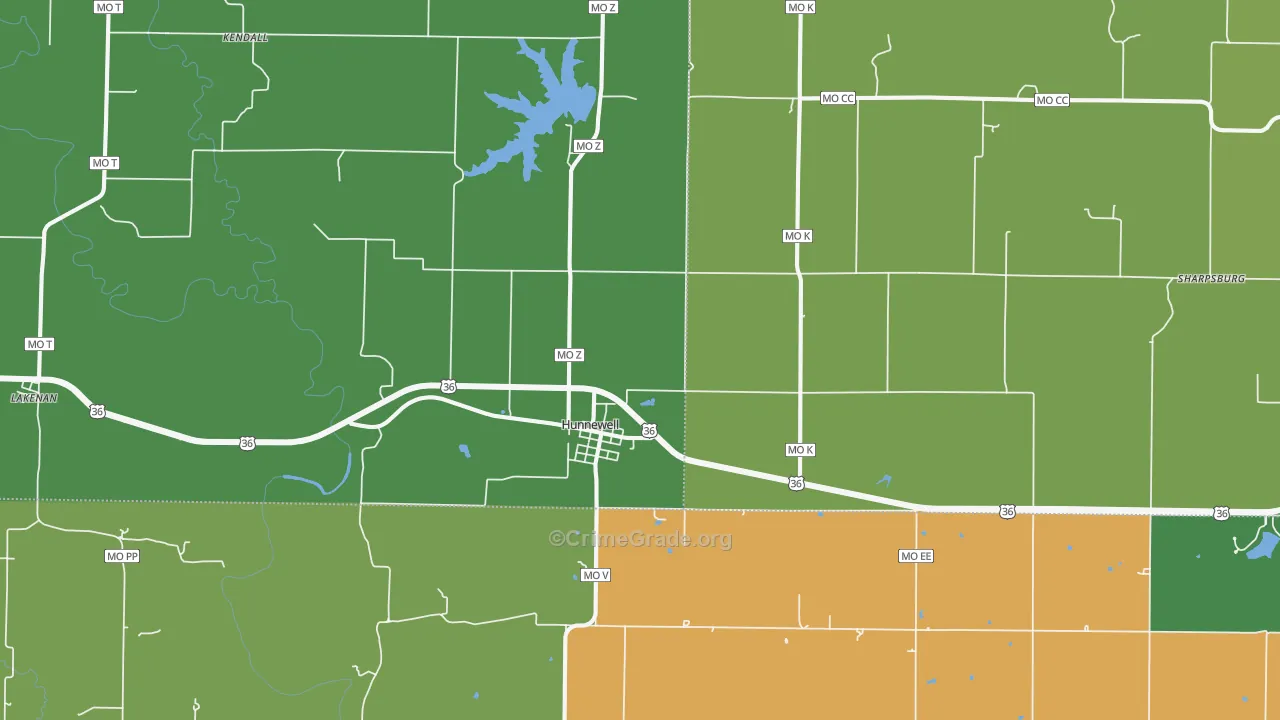 Hunnewell, MO Map of Vehicle Theft Rates