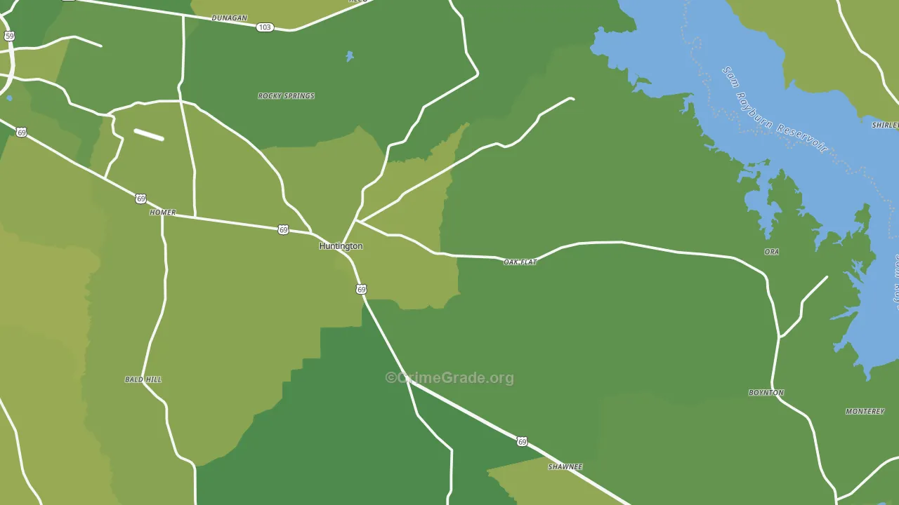 Huntington, TX Map of Vehicle Theft Rates