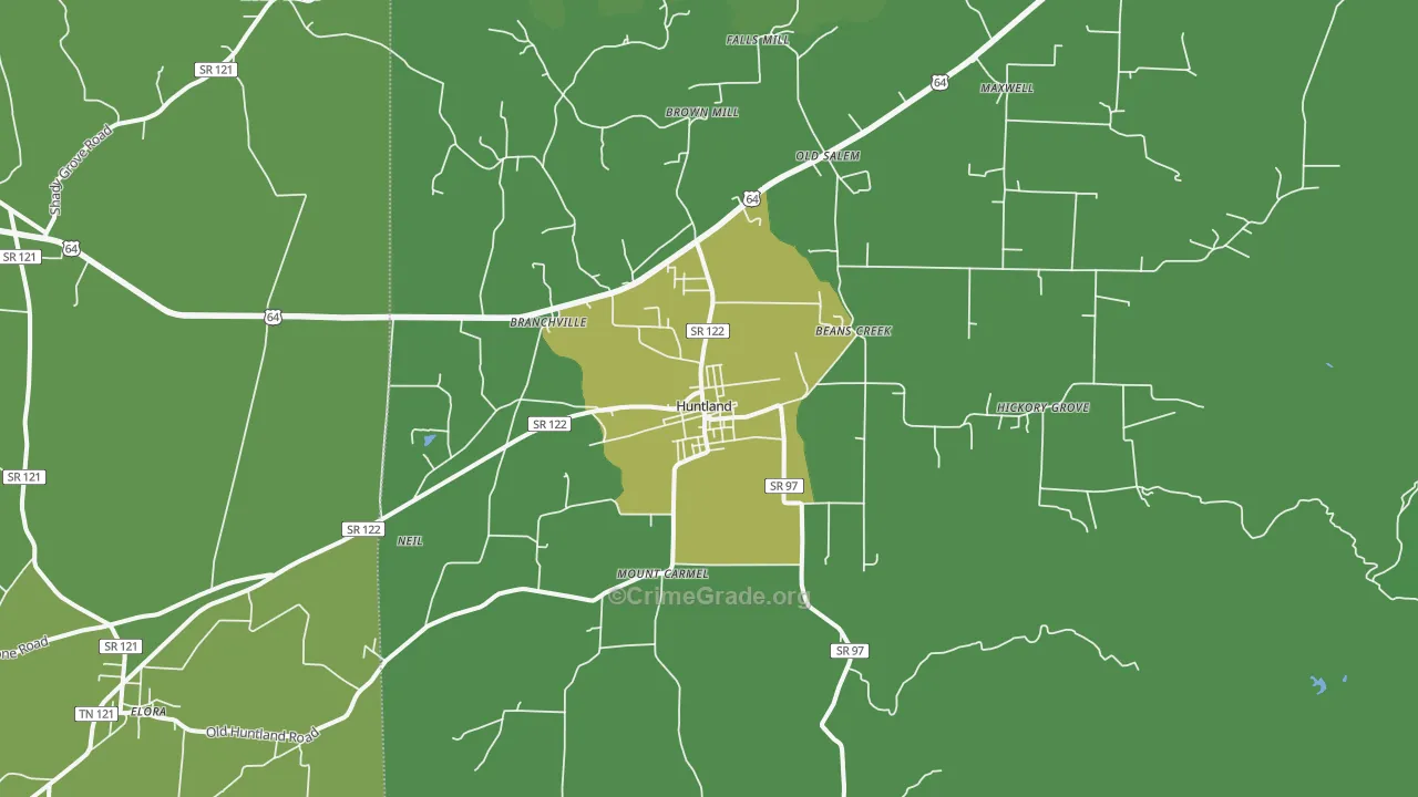 Huntland, TN Map of Vehicle Theft Rates