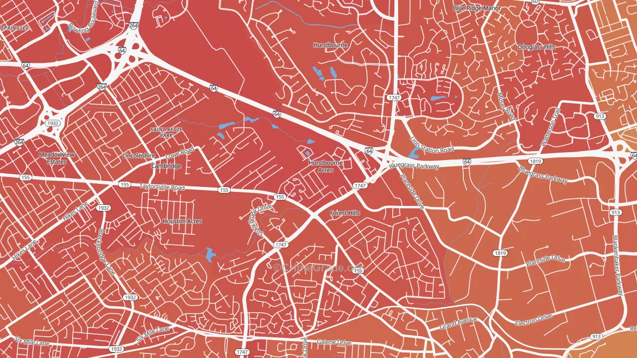Hurstbourne Acres, KY Map of Vehicle Theft Rates