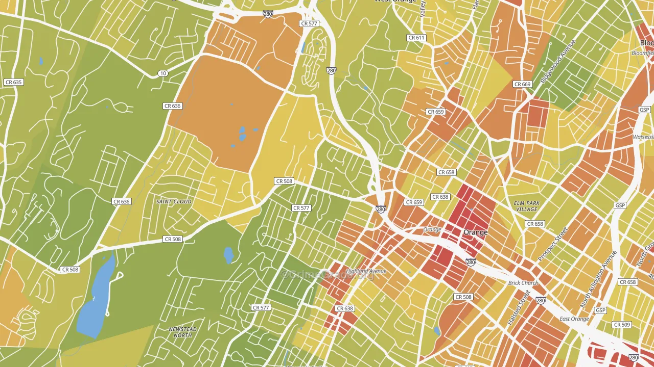 Hutton Park, West Orange, NJ Map of Vehicle Theft Rates