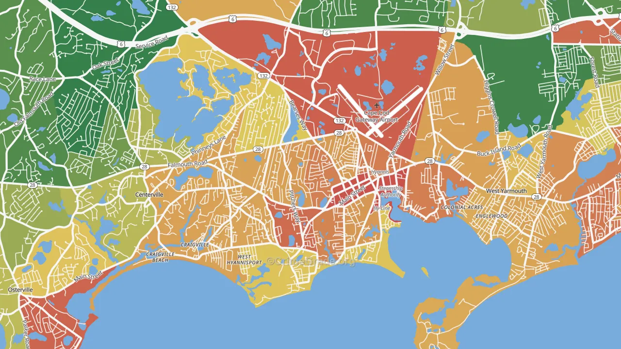 Hyannis, Barnstable Town, MA Map of Vehicle Theft Rates