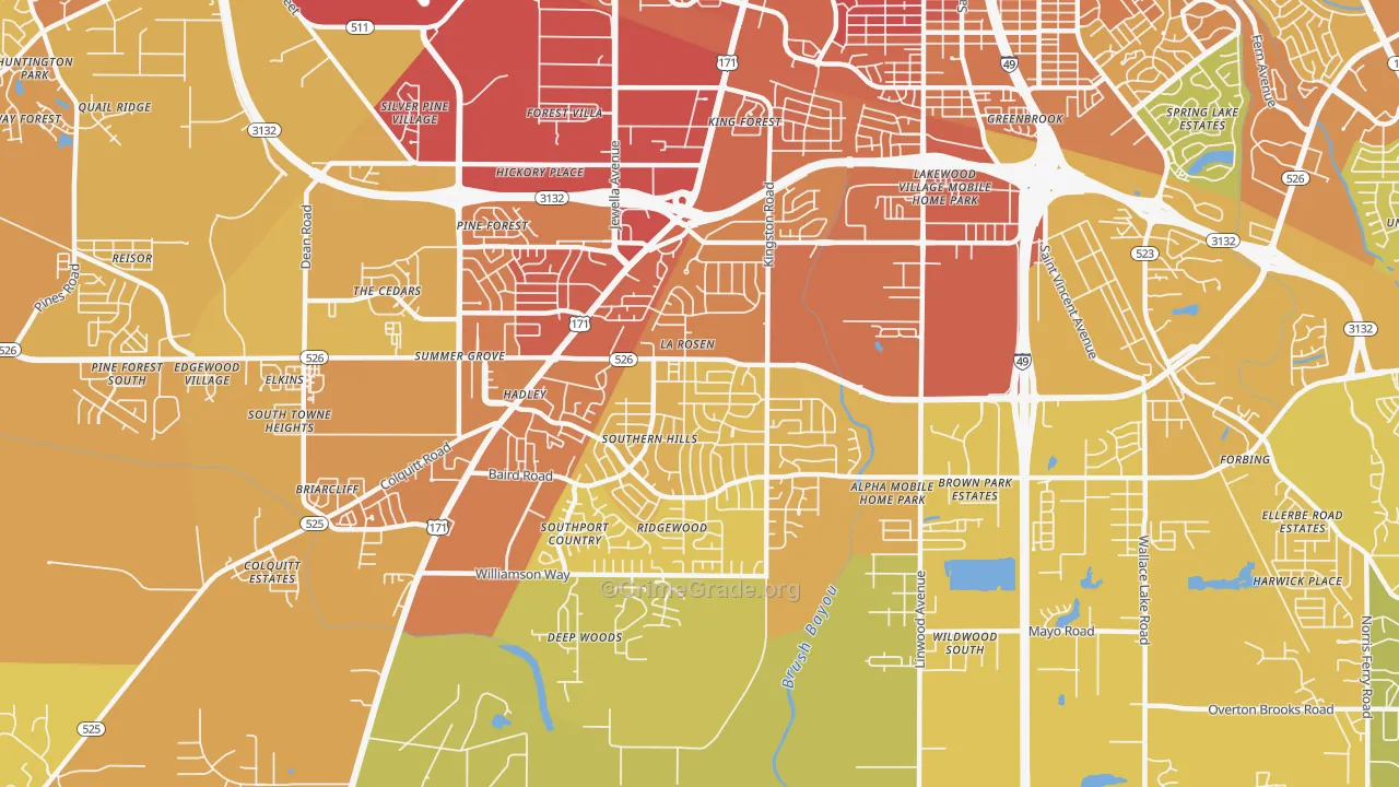 Hyde Park-Brookwood-Southern Hills, Shreveport, LA Map of Vehicle Theft Rates