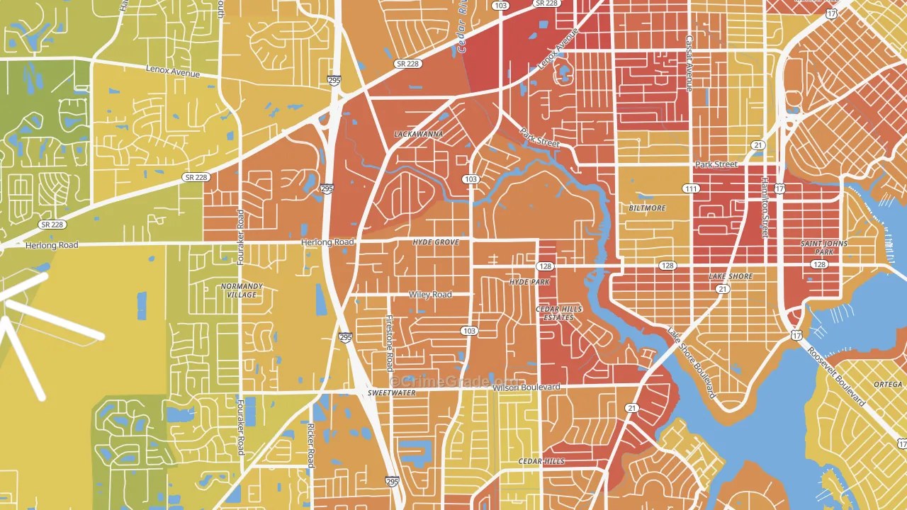 Hyde Park, Jacksonville, FL Map of Vehicle Theft Rates
