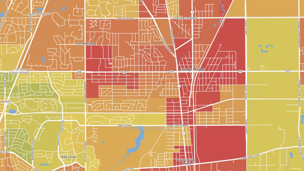 Indian Hill, Chicago Heights, IL Map of Vehicle Theft Rates