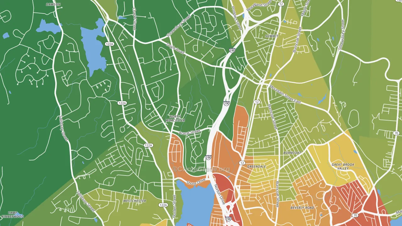 Indian Hill, Worcester, MA Map of Vehicle Theft Rates