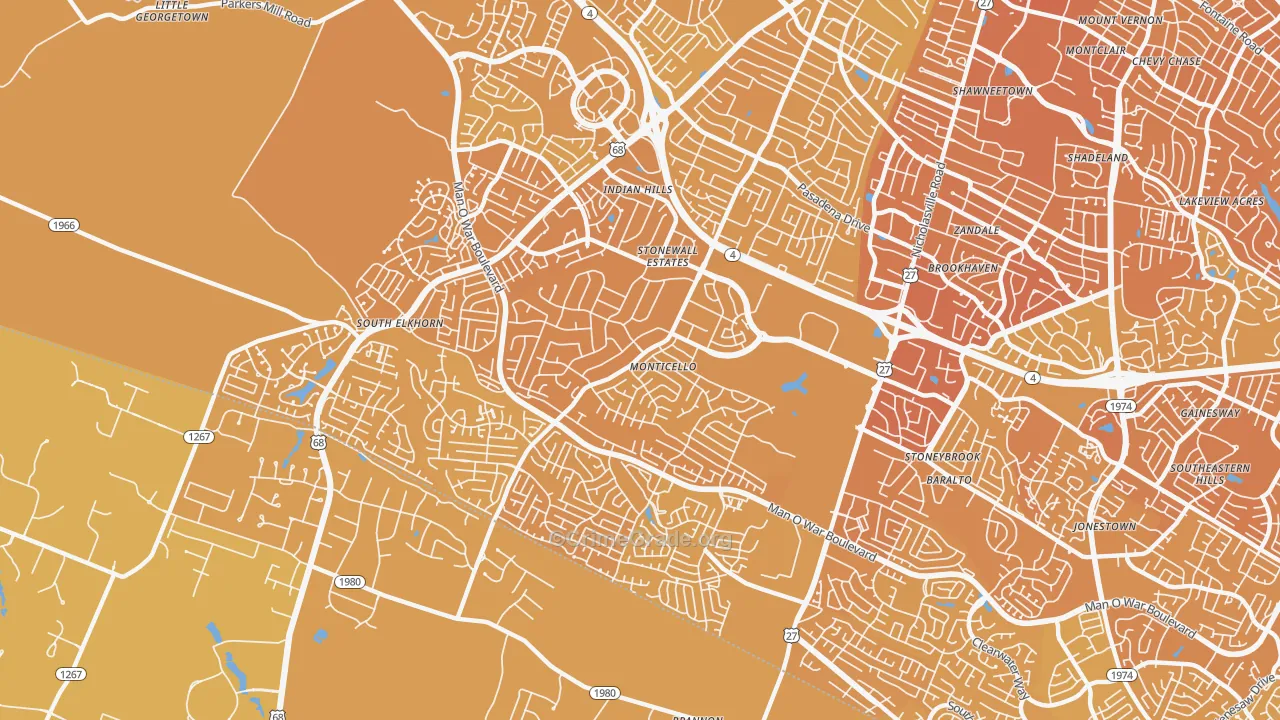 Indian Hills-Stonewall Estates-Monticello, Lexington, KY Map of Vehicle Theft Rates