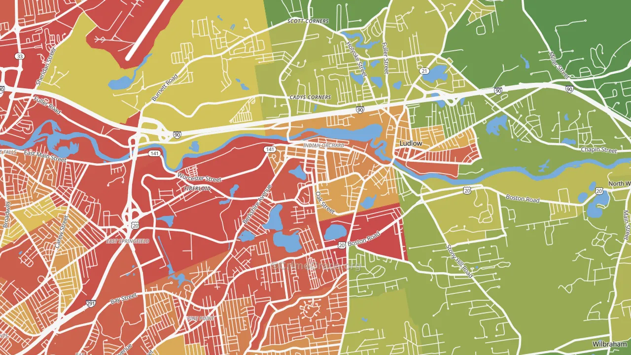 Indian Orchard, MA Map of Vehicle Theft Rates