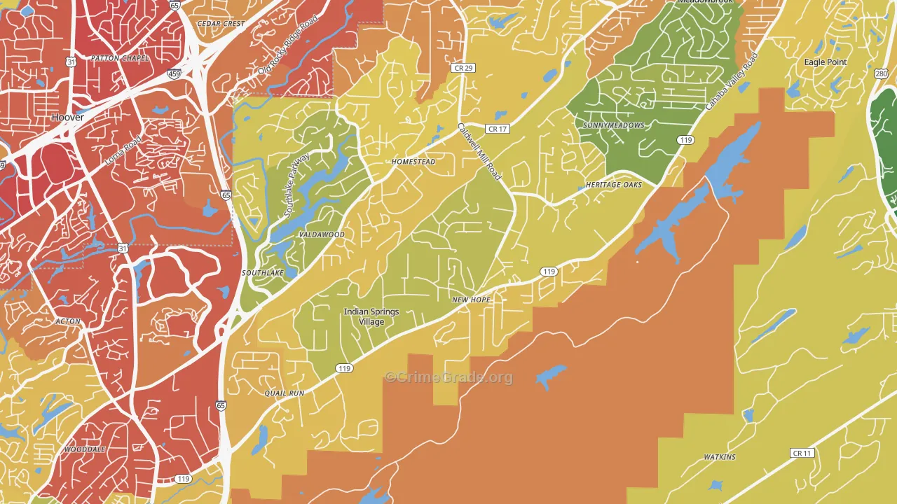 Indian Springs Village, AL Map of Vehicle Theft Rates