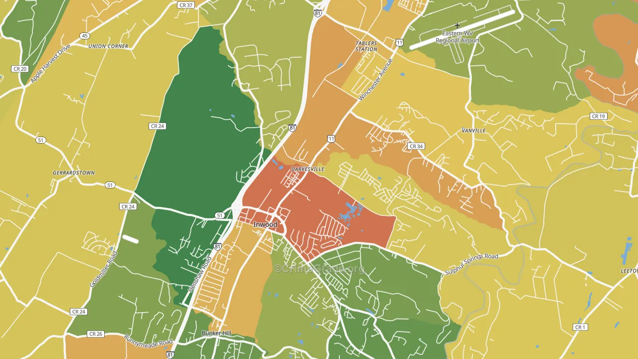 Inwood, WV Map of Vehicle Theft Rates