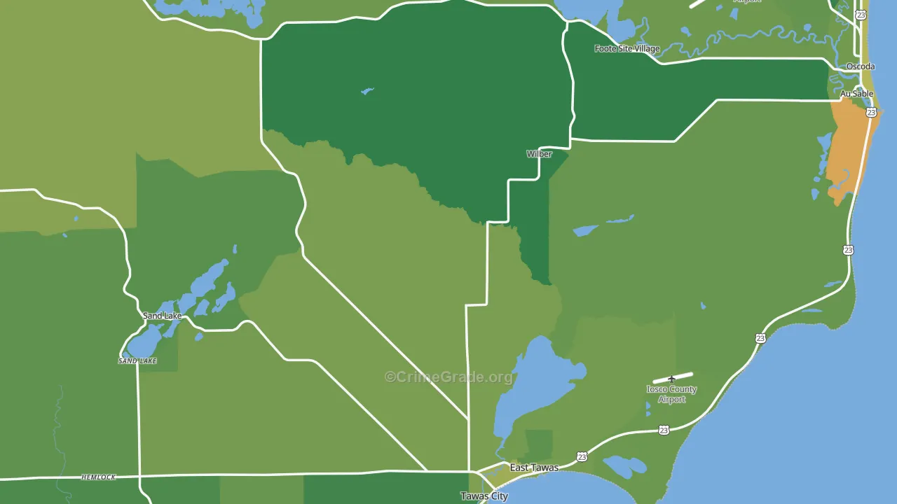 Iosco County, MI Map of Vehicle Theft Rates
