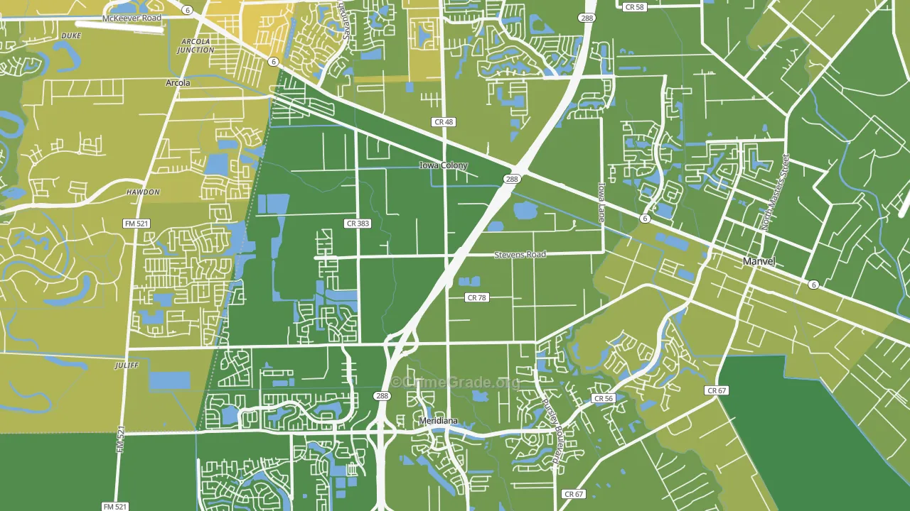 Iowa Colony, TX Map of Vehicle Theft Rates