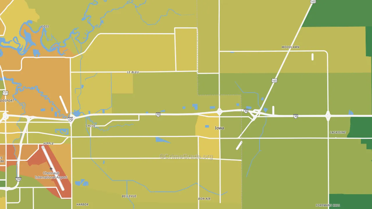 Iowa, LA Map of Vehicle Theft Rates