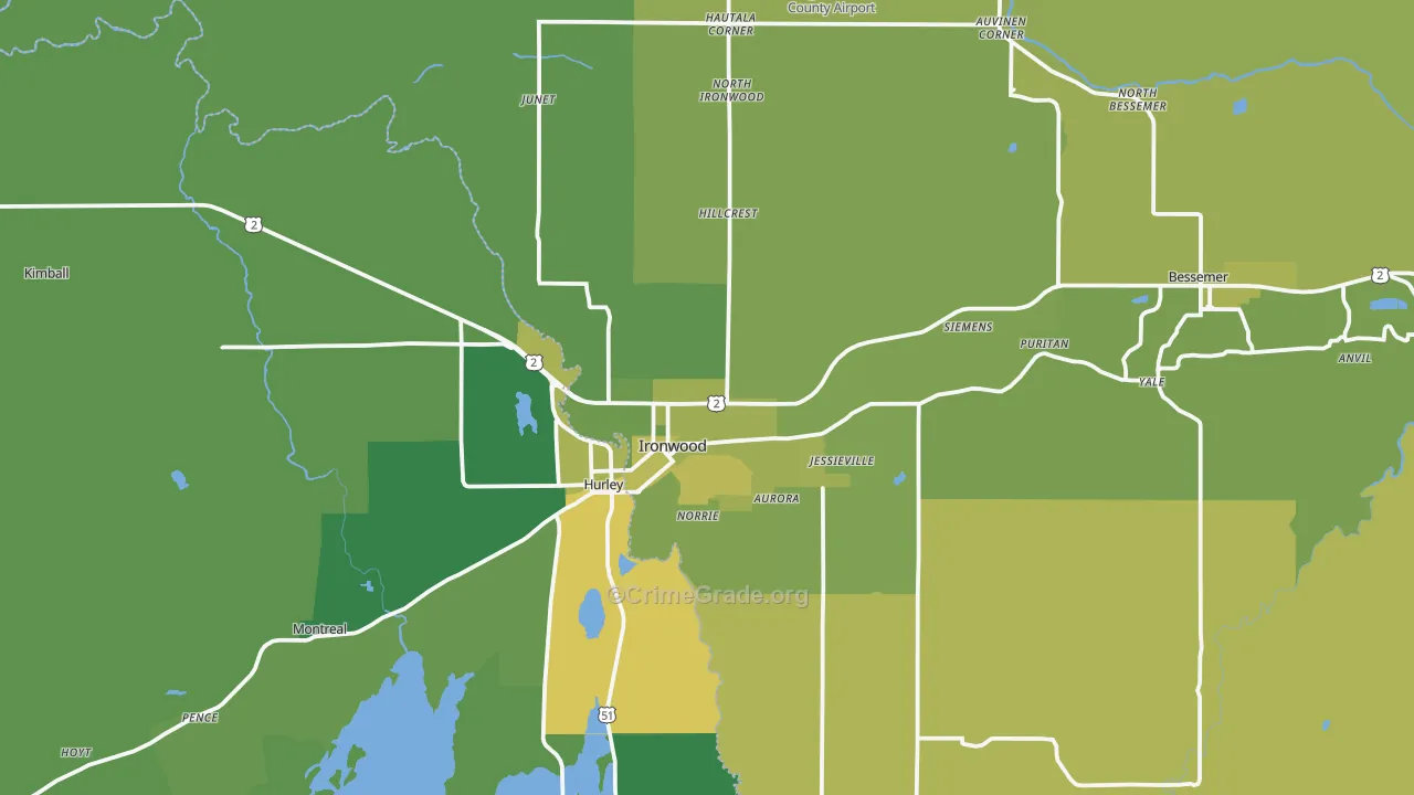 Ironwood, MI Map of Vehicle Theft Rates