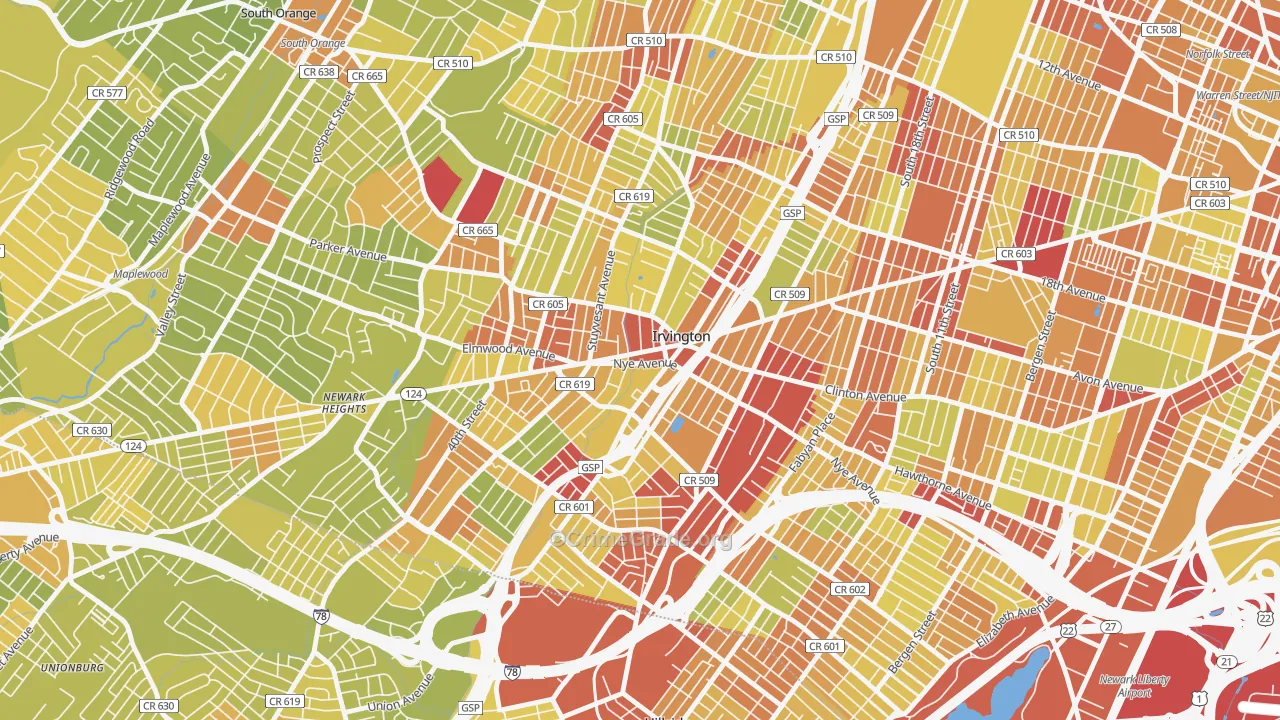 Irvington, NJ Map of Vehicle Theft Rates