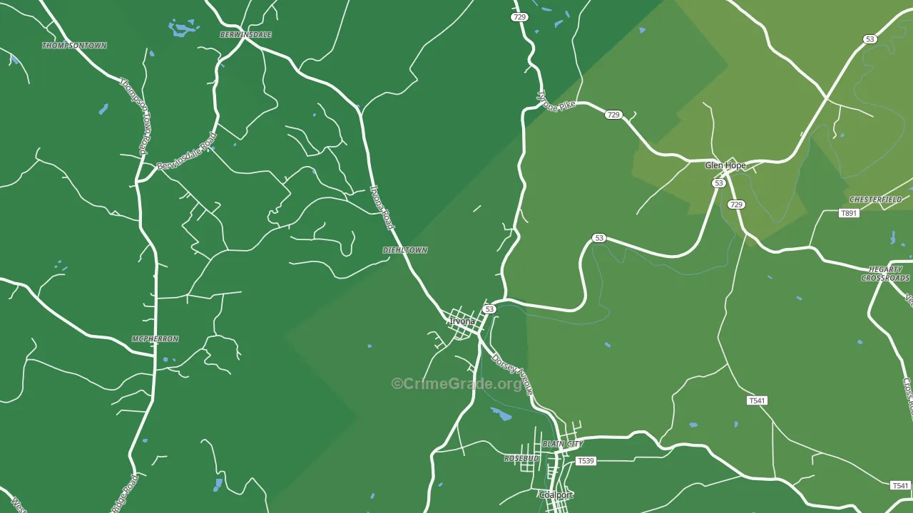 Irvona, PA Map of Vehicle Theft Rates