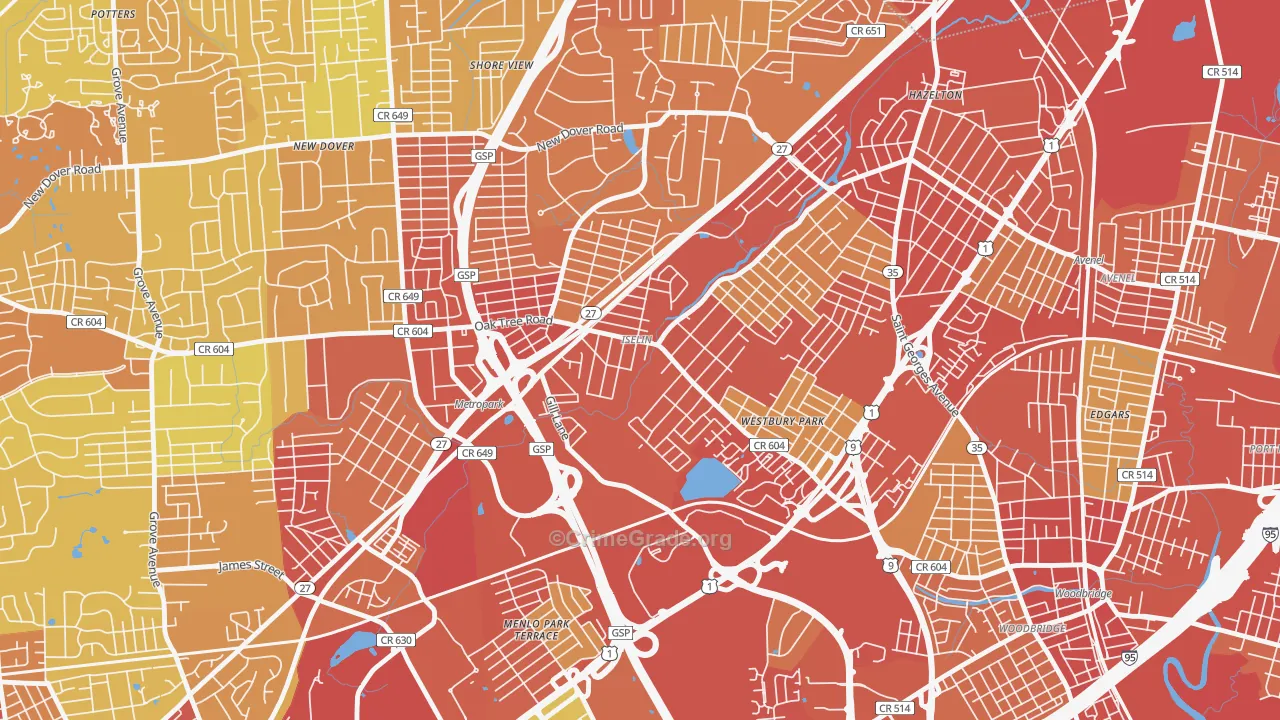 Iselin, NJ Map of Vehicle Theft Rates