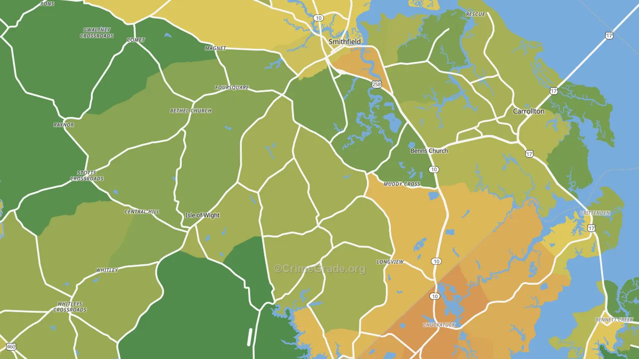 Isle of Wight County, VA Map of Vehicle Theft Rates
