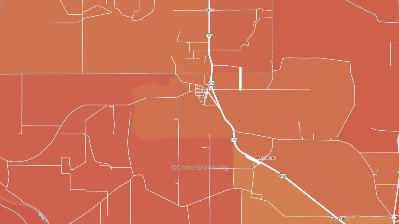 Isola, MS Map of Vehicle Theft Rates