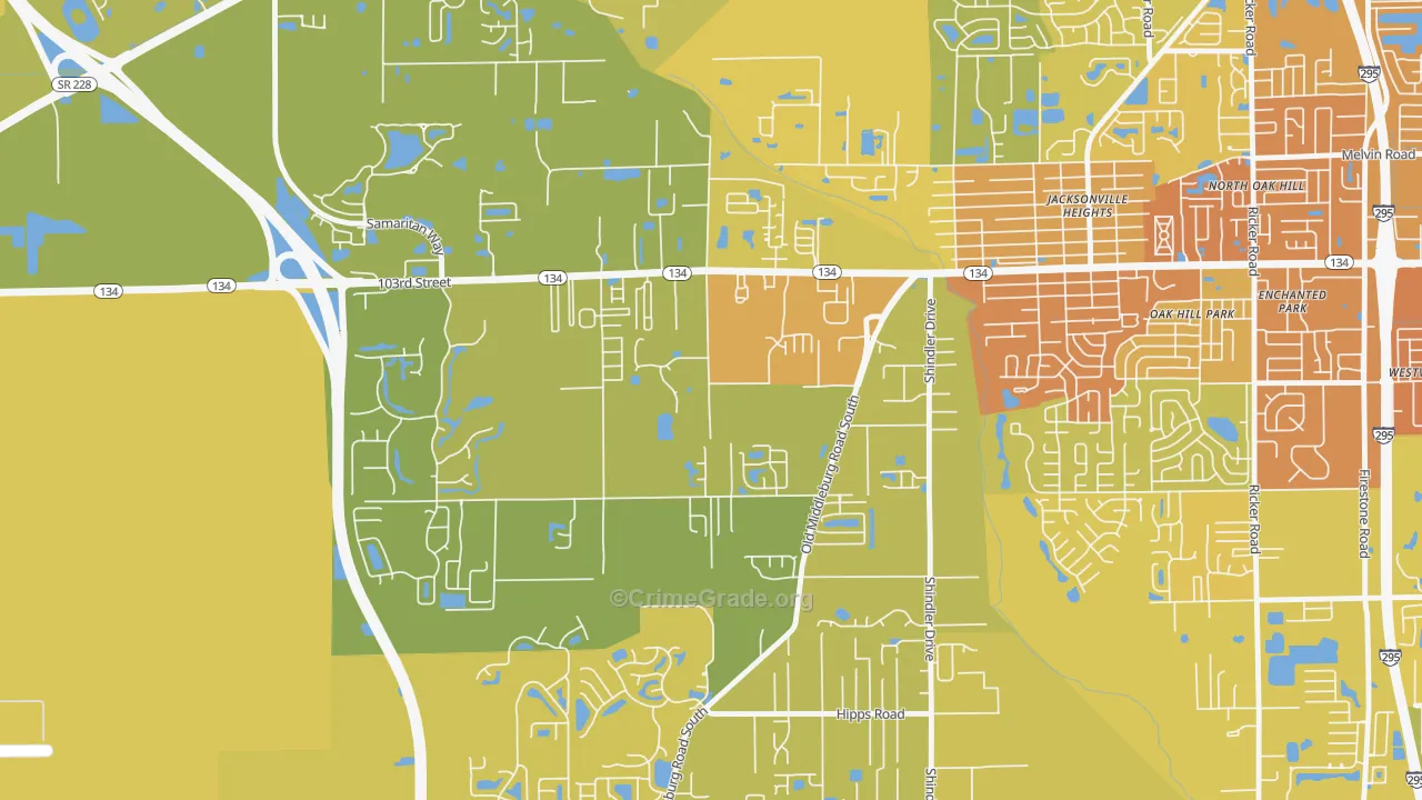 Jacksonville Heights South, Jacksonville, FL Map of Vehicle Theft Rates