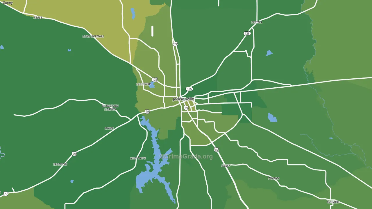 Jacksonville, TX Map of Vehicle Theft Rates