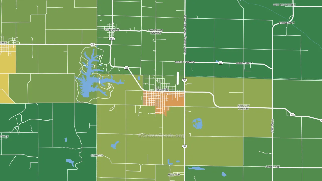 Jasonville, IN Map of Vehicle Theft Rates