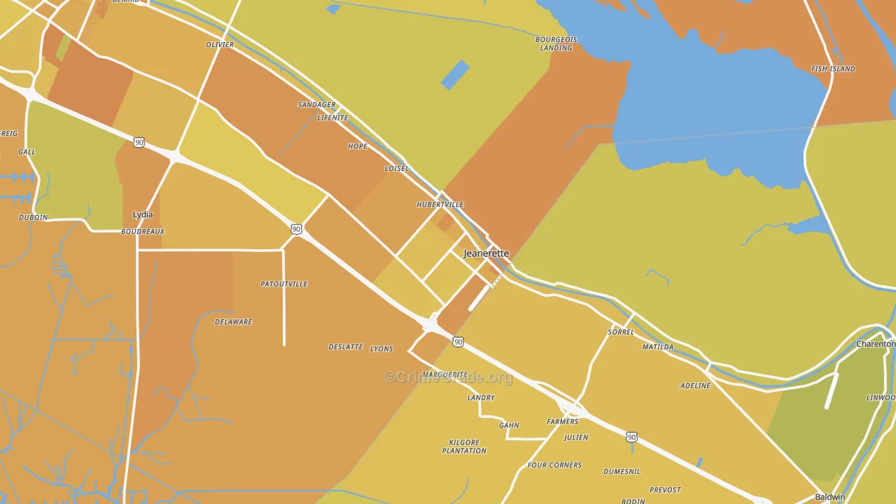 Jeanerette, LA Map of Vehicle Theft Rates