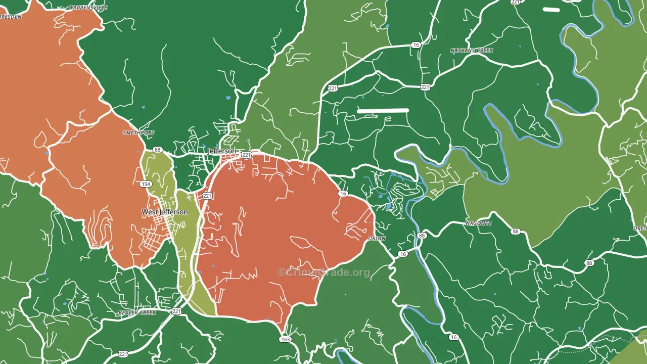 Jefferson, NC Map of Vehicle Theft Rates