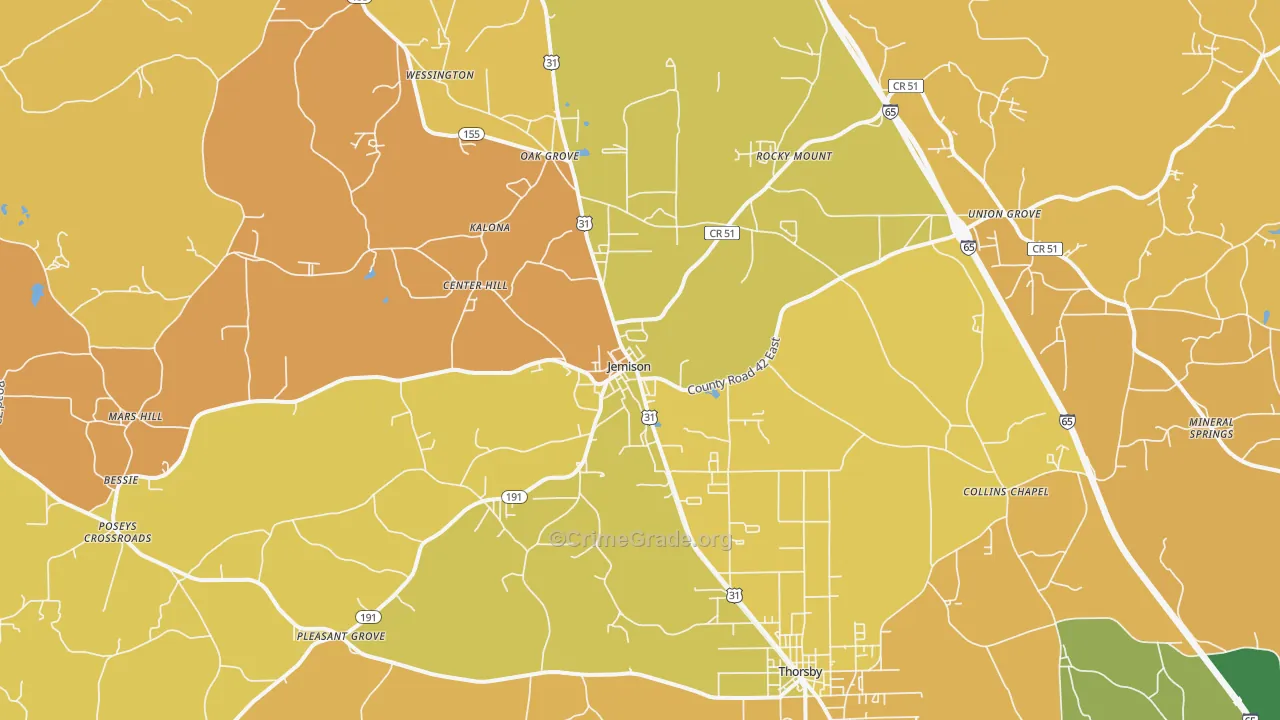 Jemison, AL Map of Vehicle Theft Rates
