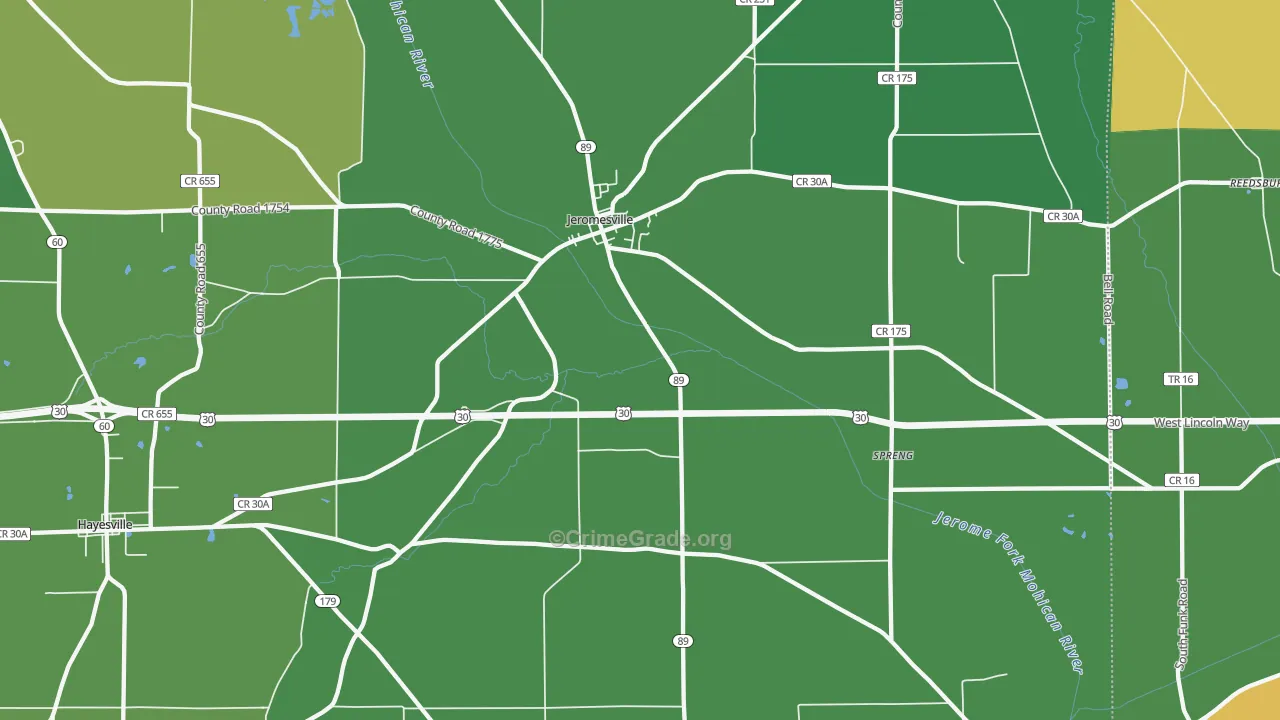 Jeromesville, OH Map of Vehicle Theft Rates