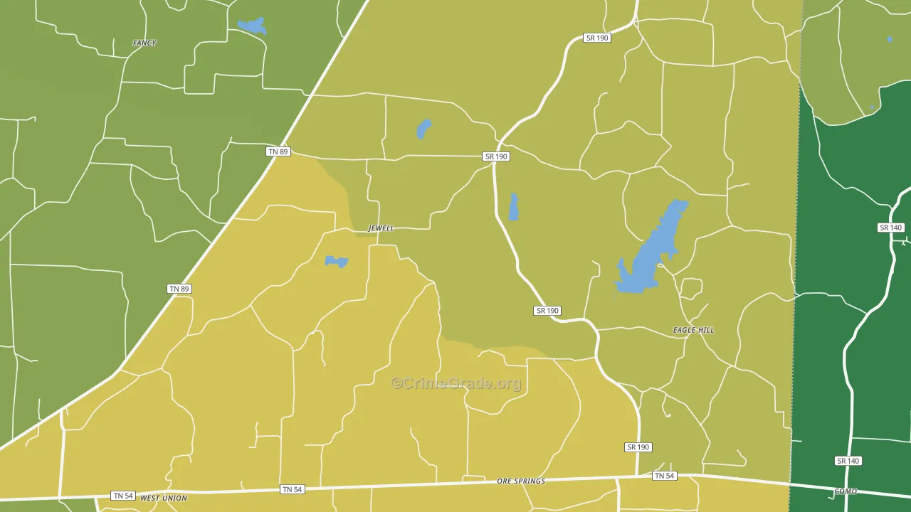 Jewell, TN Map of Vehicle Theft Rates