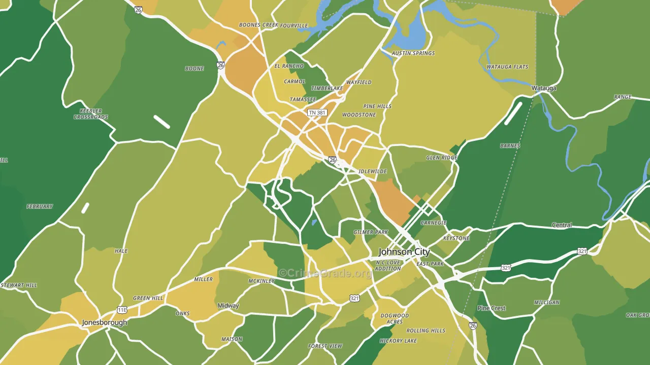 Johnson City, TN Map of Vehicle Theft Rates