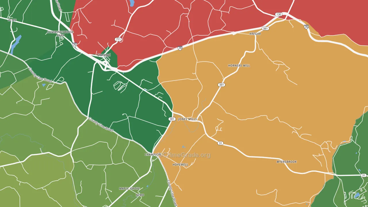 Jones Mills, PA Map of Vehicle Theft Rates