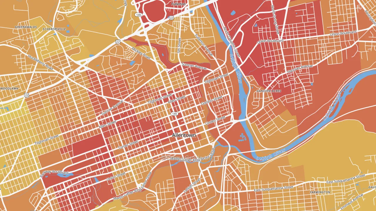 Jordan Heights, Allentown, PA Map of Vehicle Theft Rates